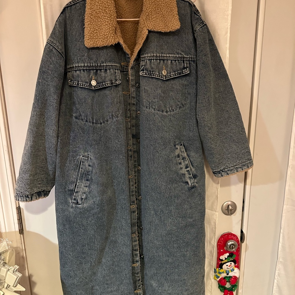 Denim Longline Coat with Faux Shearling Lining 1X/2X